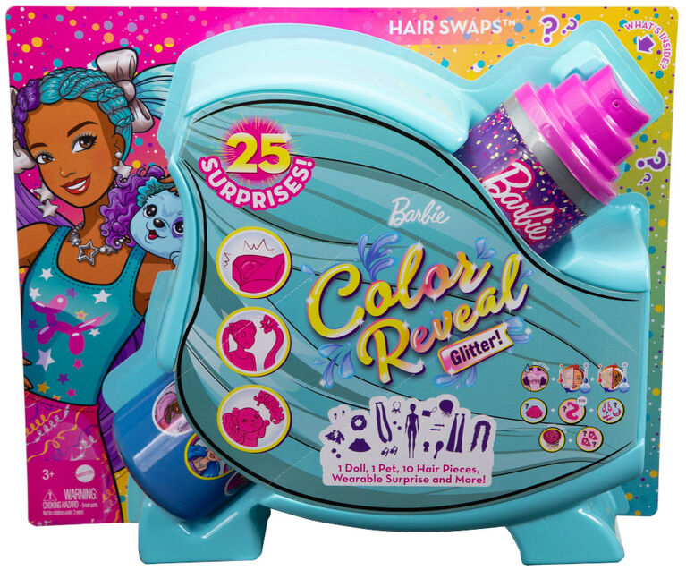 Barbie Color Reveal Glitter! Hair Swaps Doll, Glittery Purple with 25 Surprises