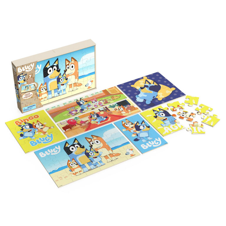 Bluey Jigsaw Puzzles for Kids, Set of 7 Wood Puzzles with Storage Box