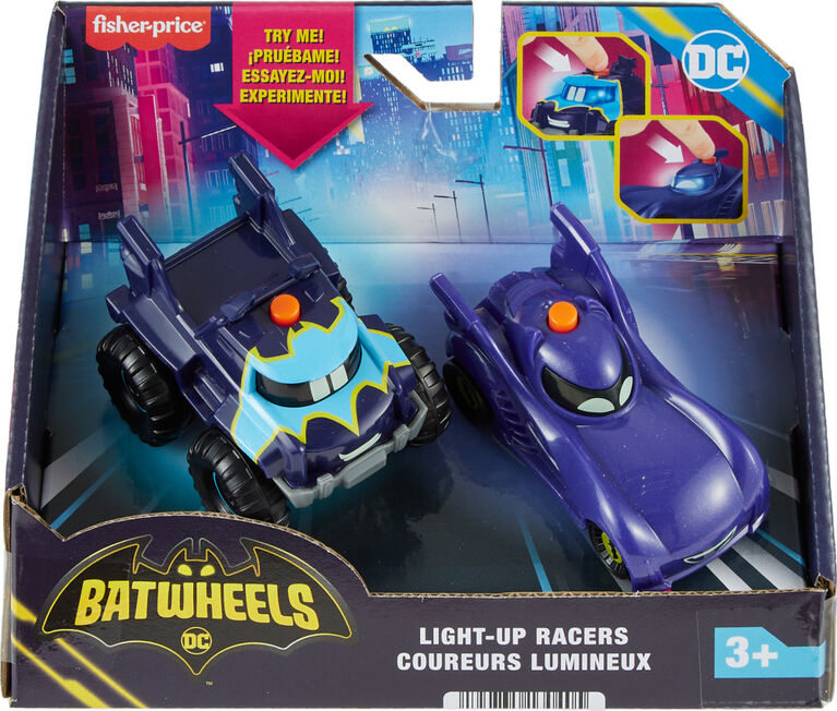 Fisher-Price DC Batwheels Light-Up 1:55 Scale Toy Cars, Bam the Batmobile and Buff