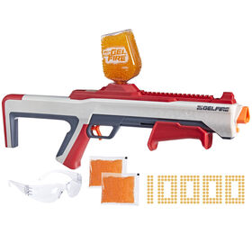 Nerf Pro Gelfire, blaster Raid, tire 5 billes d'un coup, 10 000 billes Gelfire, chargeur-trémie 800 billes, lunettes