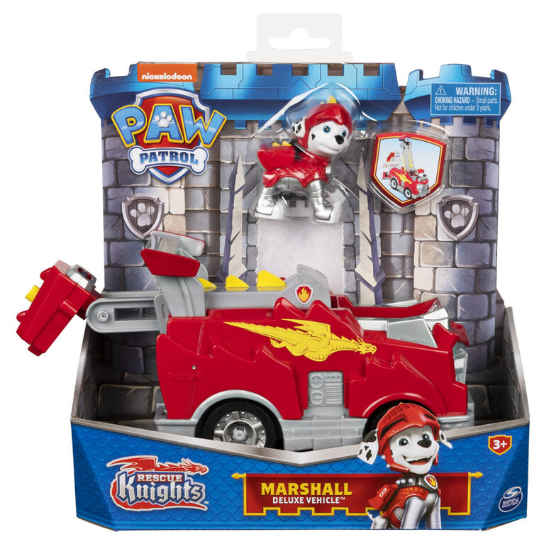 PAW Patrol, Rescue Knights Marshall, Véhicule transformable avec figurine articulée à collectionner