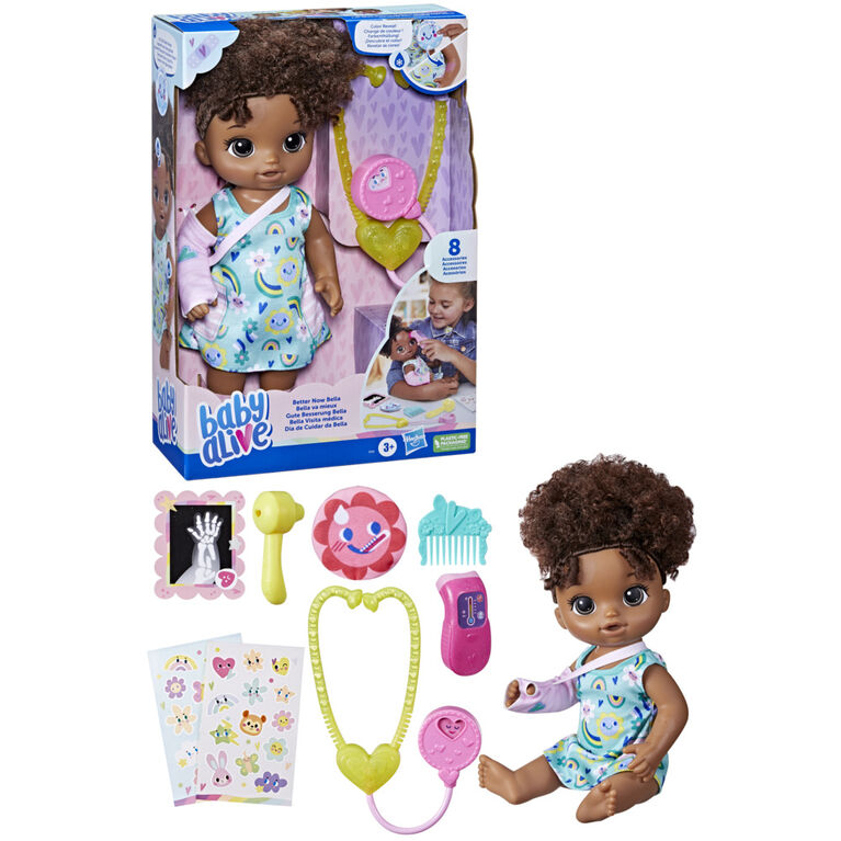 Baby Alive, Bella va mieux, coffret de poupée (cheveux noirs) pour jouer au docteur
