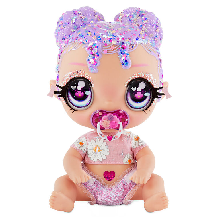 GLITTER BABYZ Lila Wildboom Baby Doll with 3 magical color changes/ lavender purple hair doll with flowers on the outfit and reusable diaper, bottle and pacifier