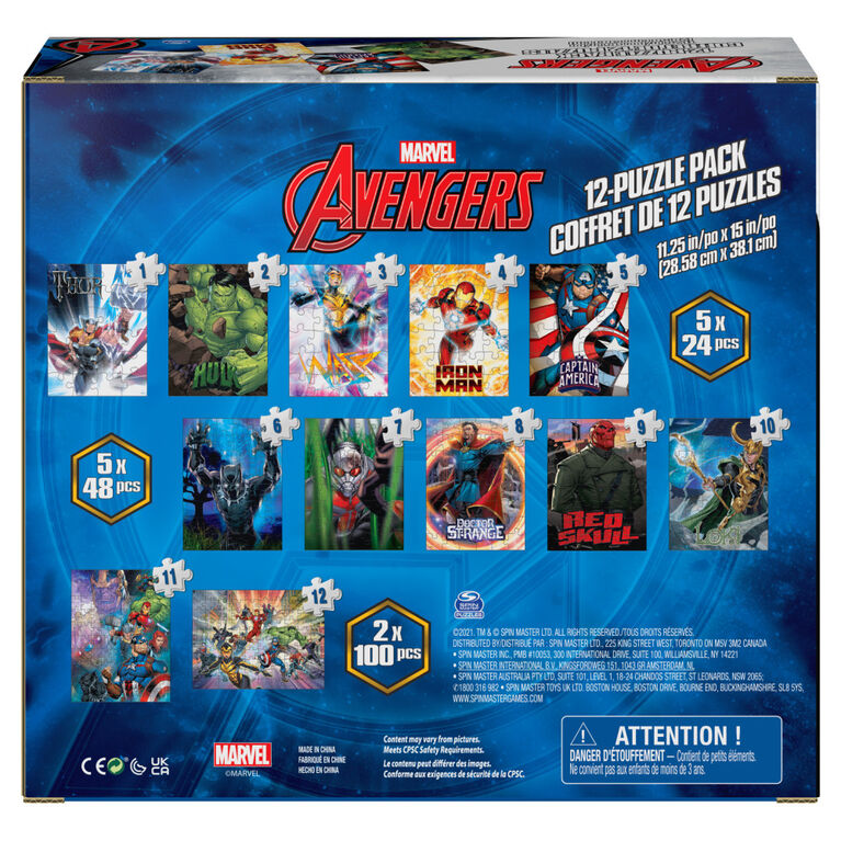 Marvel, Coffret de 12 puzzles Avengers, Captain America, Iron Man, Thor, Hulk, Wasp, Black Panther, Dr. Strange, Red Skull, Thanos