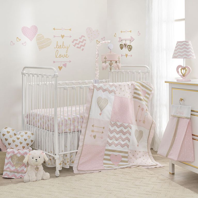 Lambs & Ivy Baby Love - Ensemble de literie pour lit de bébé 3 pièces rose/coeur doré - Notre exclusivité