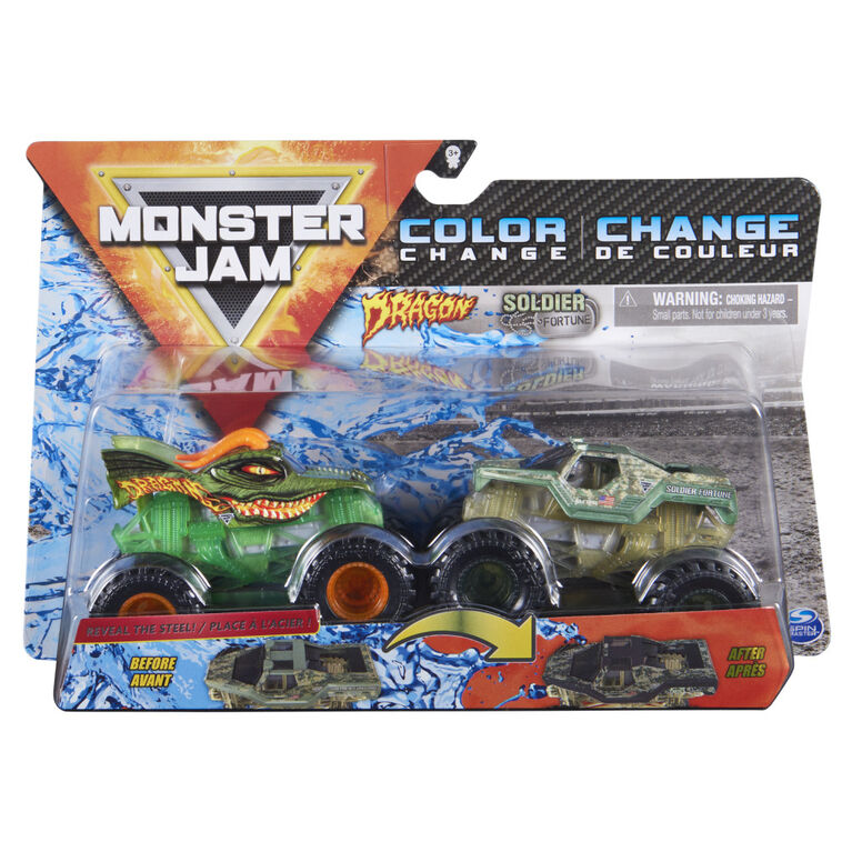 Monster Jam, Official Dragon Vs. Soldier Fortune Color-Changing Die-Cast Monster Trucks, 1:64 Scale Monster Jam, Official Dragon Vs. Soldier Fortune Color-Changing Die-Cast Monster Trucks, 1:64 Scale