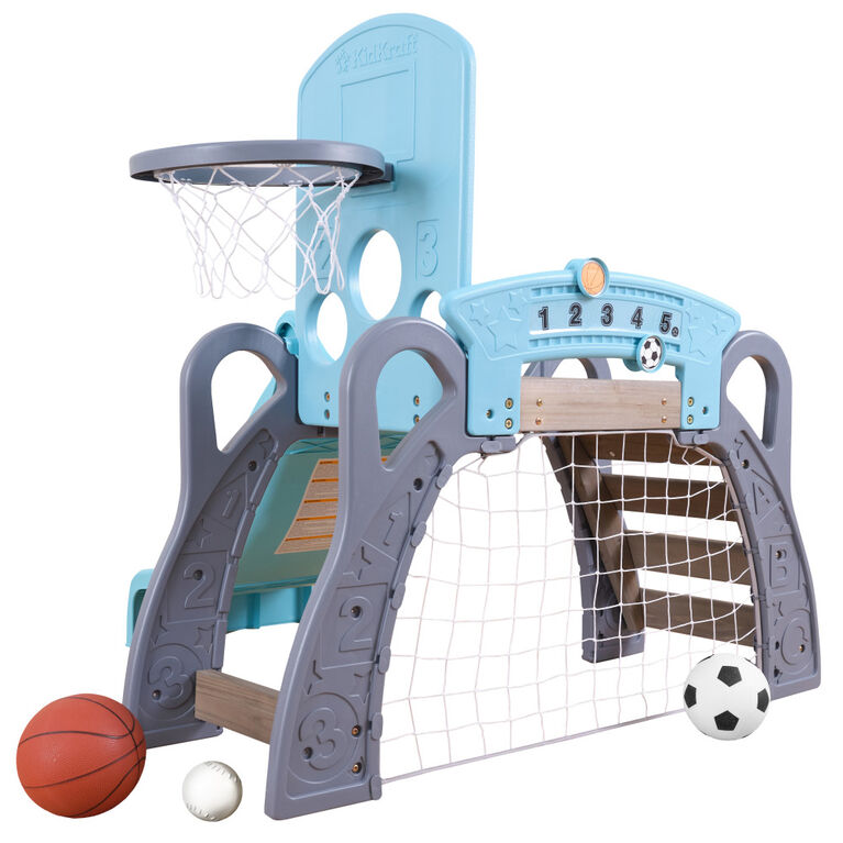 KidKraft Structure à grimper sportive 5 en 1 pour tout-petits comprenant un filet de soccer, un panier de basketball, un coussin de baseball, une balle et deux ballons