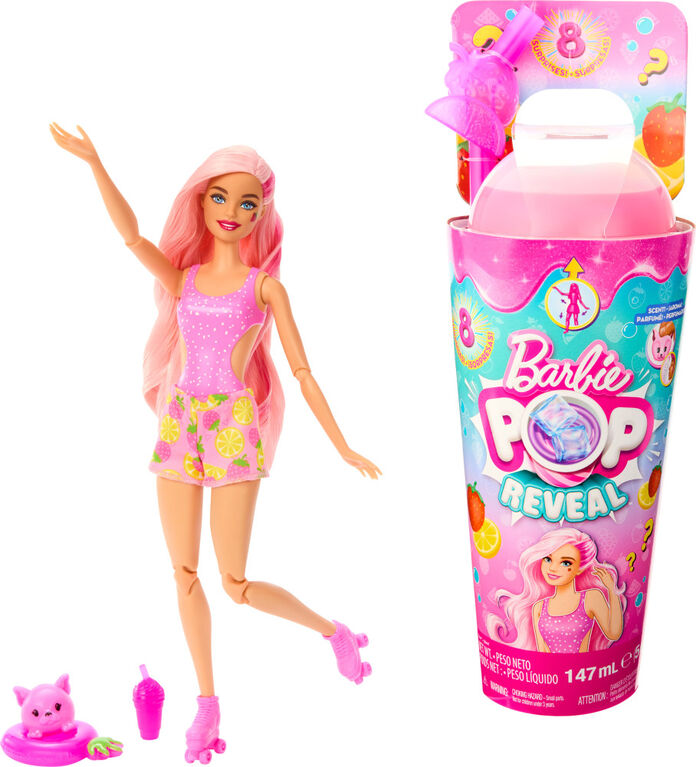 ​Barbie Pop Reveal Fruit Series Doll, Strawberry Lemonade Theme with 8 Surprises Including Pet & Accessories, Slime, Scent & Color Change