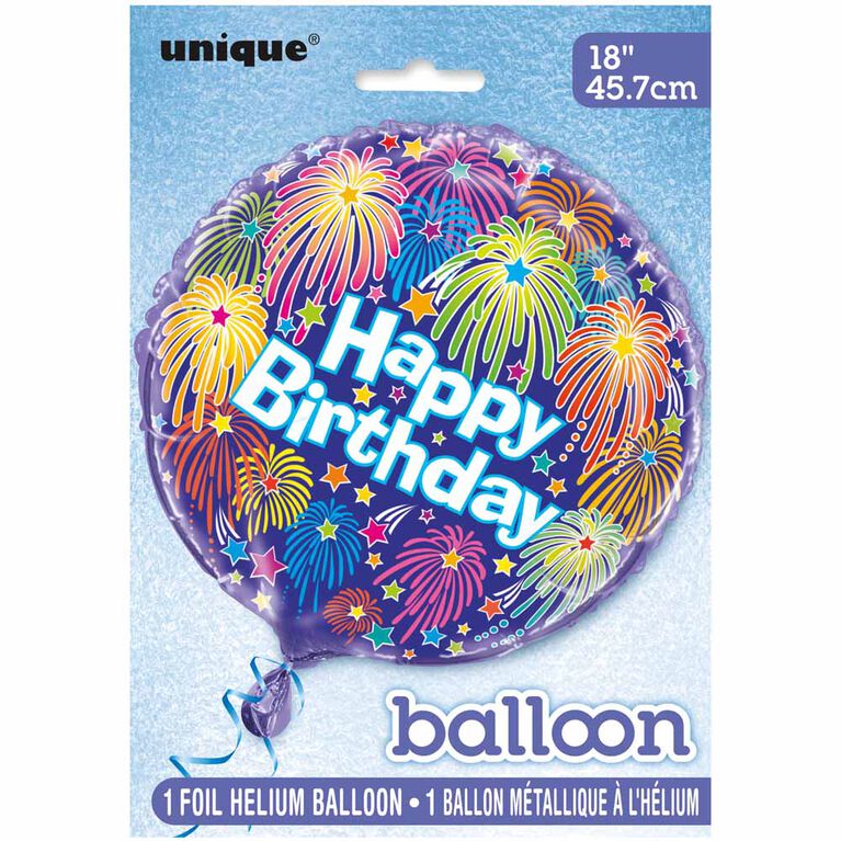 Ballon aluminium rond, 18 " - Birthday Fireworks - Édition anglaise