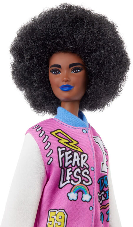Barbie Fashionistas Doll with Brunette Afro & Blue Lips Wearing Graphic Coat Dress & Yellow Shoes