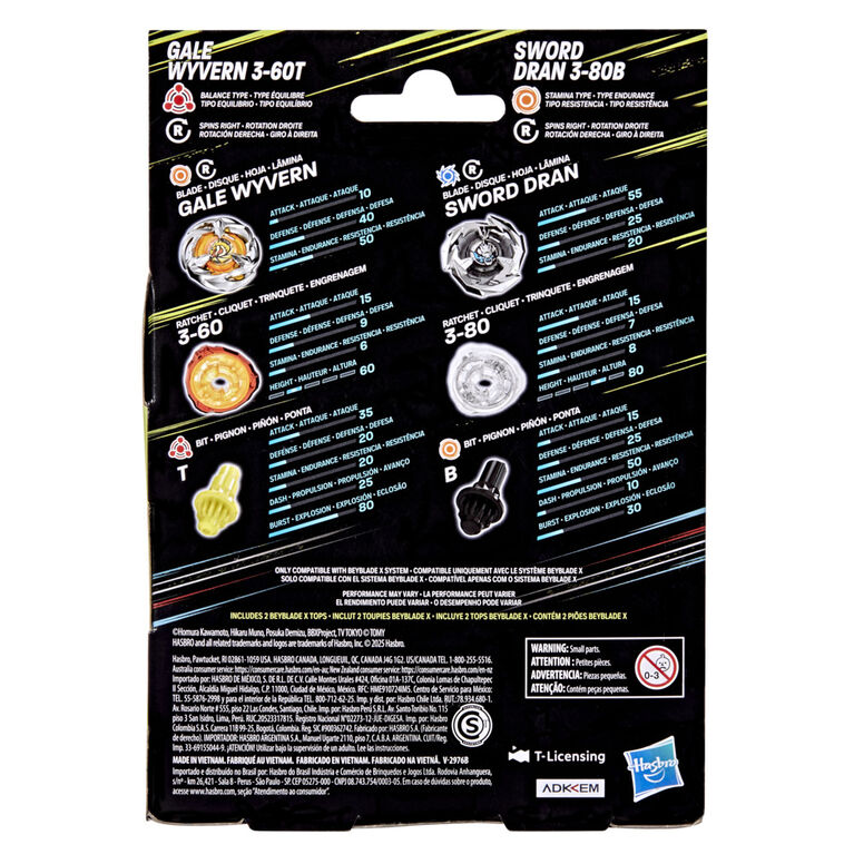 Beyblade X Gale Wyvern 3-60T & Sword Dran 3-80B Dual Pack Set with 2 Right-Spinning Tops; Authentic Takara Tomy Battle Tops