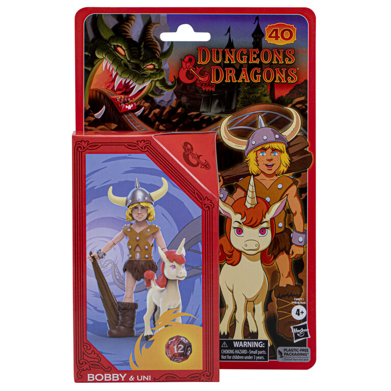 Dungeons & Dragons Cartoon Classics 6-Inch-Scale Bobby and Uni 2-Pack Action Figures, DandD 80s Cartoon, Includes d12 from Exclusive DandD Dice Set
