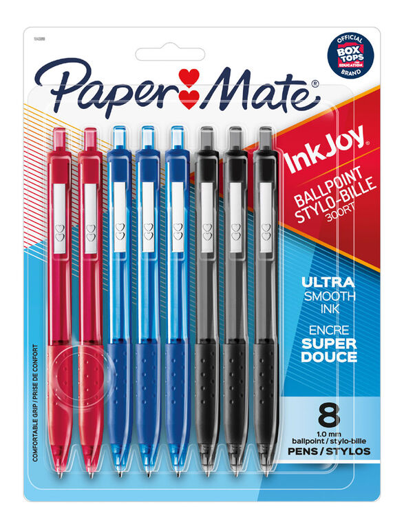 Stylos à bille Paper Mate InkJoy 300RT, stylos rétractables, pointe moyenne (1,0 mm), couleurs assorties, 8 unités