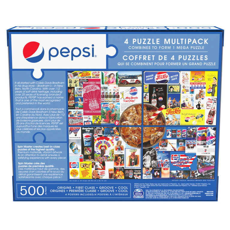 Pepsi, Coffret de 4 puzzles, 500 pièces qui se combinent pour former un méga puzzle sur le thème du célèbre soda