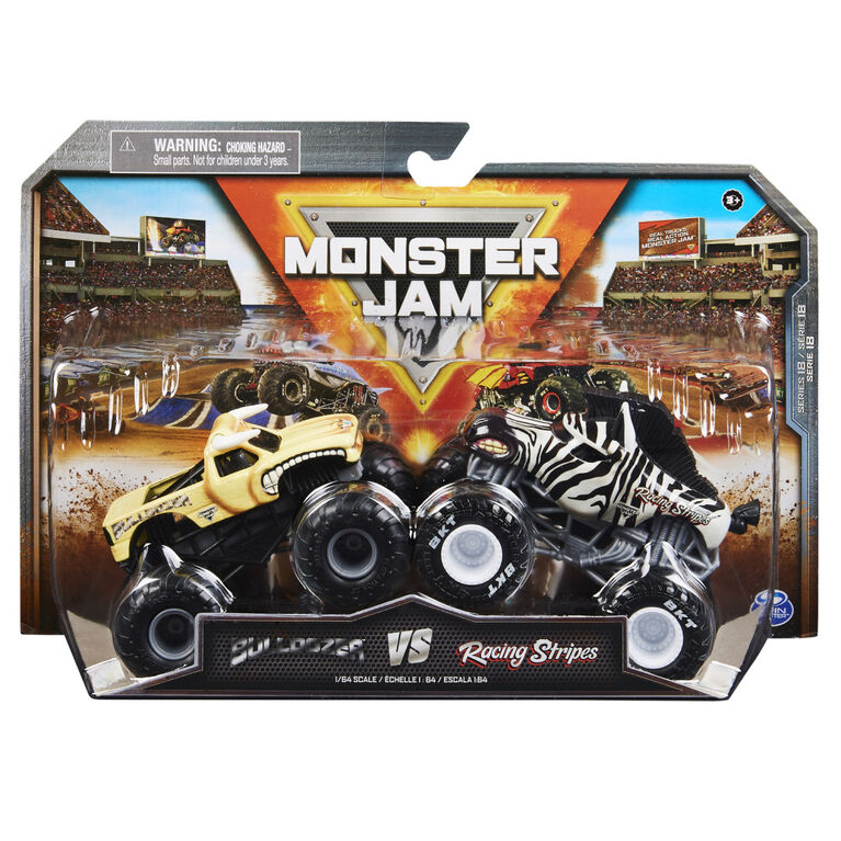 Monster Jam, Official Bulldozer Vs. Racing Stripes Die-Cast Monster Trucks, 1:64 Scale