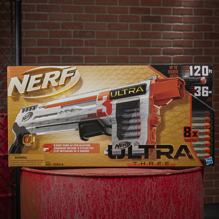 Nerf Ultra - Blaster Three, à pompe, chargeur intégré 8 fléchettes, 8 fléchettes Nerf Ultra, compatible uniquement avec fléchettes Nerf Ultra