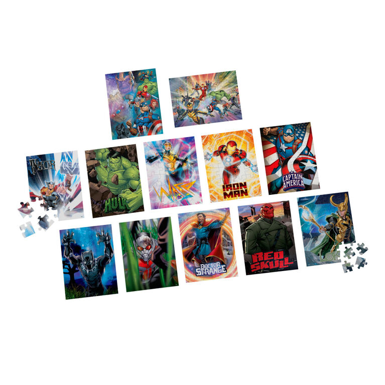 Marvel, Coffret de 12 puzzles Avengers, Captain America, Iron Man, Thor, Hulk, Wasp, Black Panther, Dr. Strange, Red Skull, Thanos