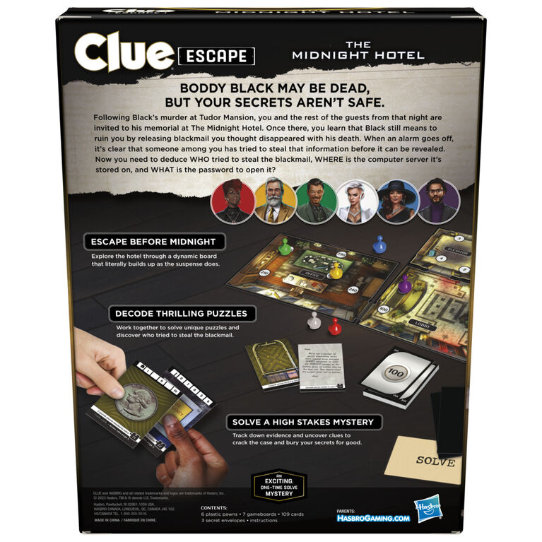 Clue Escape : Hôtel Minuit, jeu d'enquête et d'évasion à usage unique, 1 à 6 joueurs, jeu coopératif