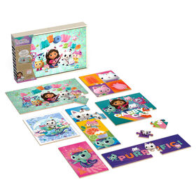 Gabby's Dollhouse, Coffret de 7 puzzles en bois faciles à assembler de 12 pièces, 16 pièces et 24 pièces, série originale Netflix, avec plateau