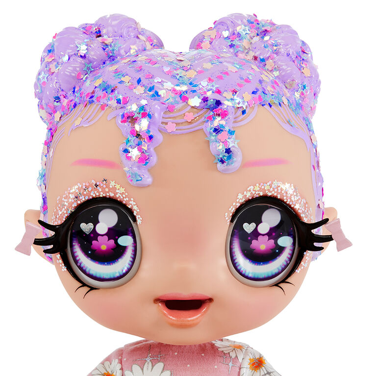 GLITTER BABYZ Lila Wildboom Baby Doll with 3 magical color changes/ lavender purple hair doll with flowers on the outfit and reusable diaper, bottle and pacifier