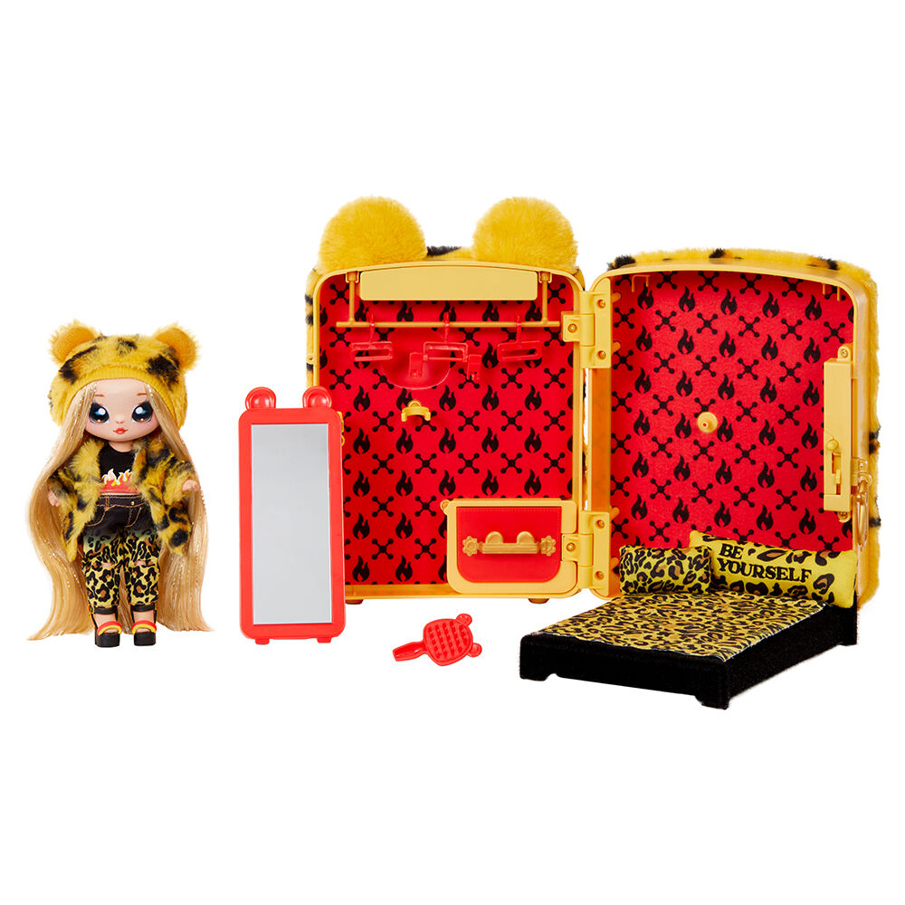 Na Na Na Surprise 3 in 1 Backpack Bedroom Playset Jennel Jaguar In Exclusive Outfit Fuzzy Jaguar Bag Real Mirror Closet with Drawer Pillows