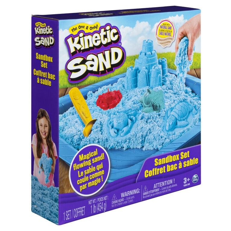 Kinetic Sand, coffret Bac à sable avec 454 g (1 lb) de sable Kinetic Sand bleu et 3 moules