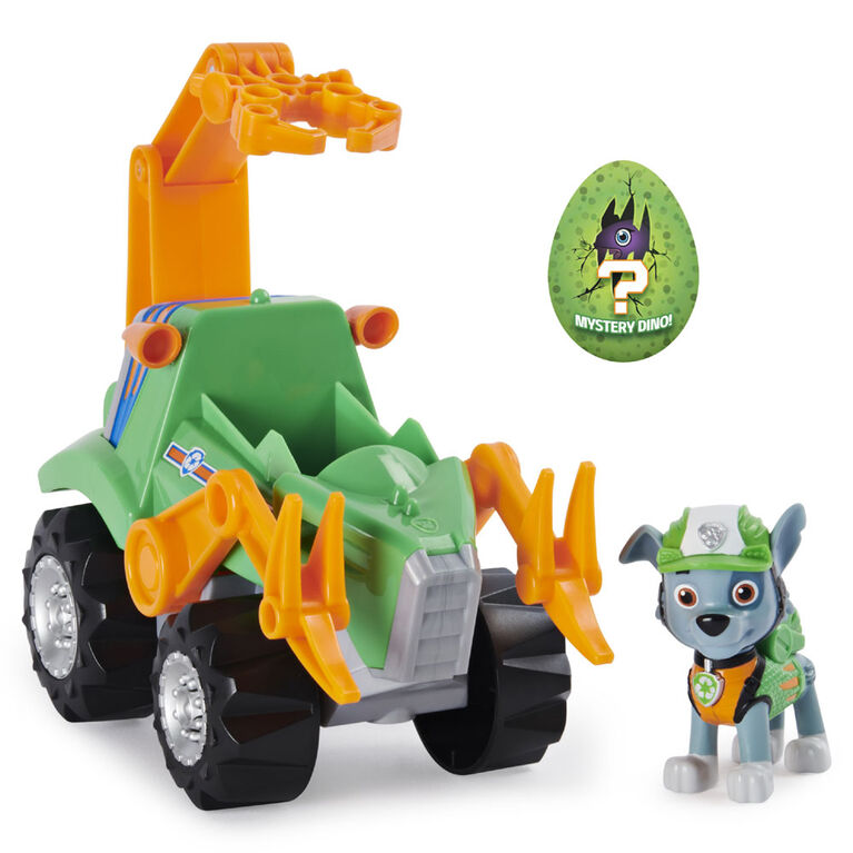 PAW Patrol, Deluxe Vehicle à remonter Dino Rescue de Rocky avec figurine dinosaure mystère