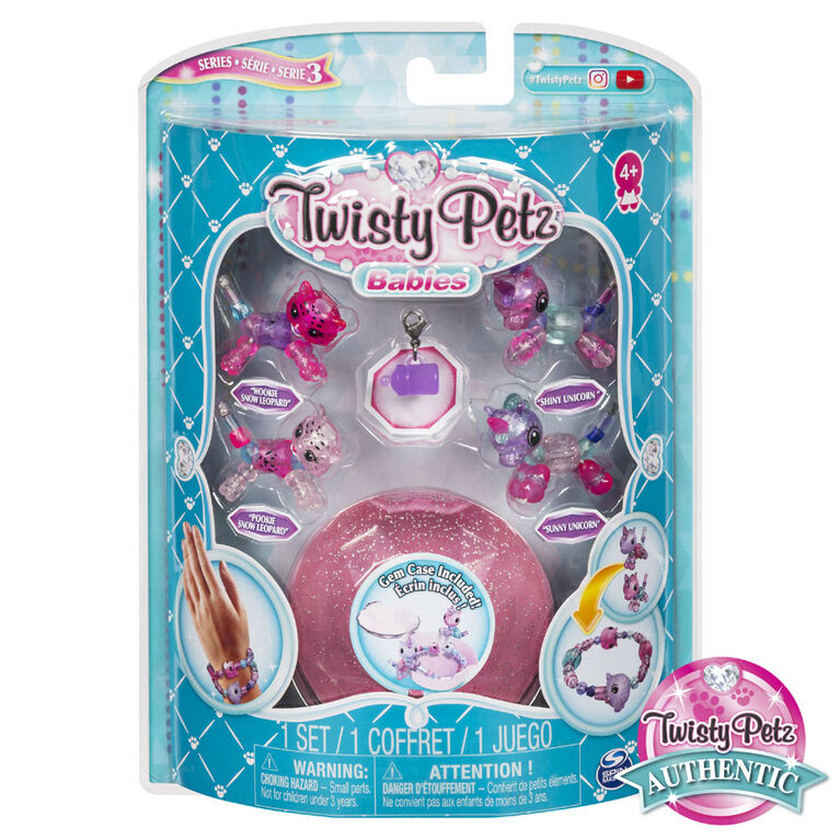 Twisty Petz, Series 3 Babies 4-Pack, Snow Leopards and Unicorns Collectible Bracelet Set and Case