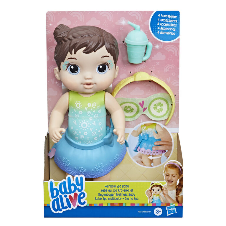 Baby Alive Rainbow Spa Baby Doll, 9-Inch Spa-Themed Toy for Kids Ages 3 and Up, Doll Eye Mask and Bottle, Brown Hair