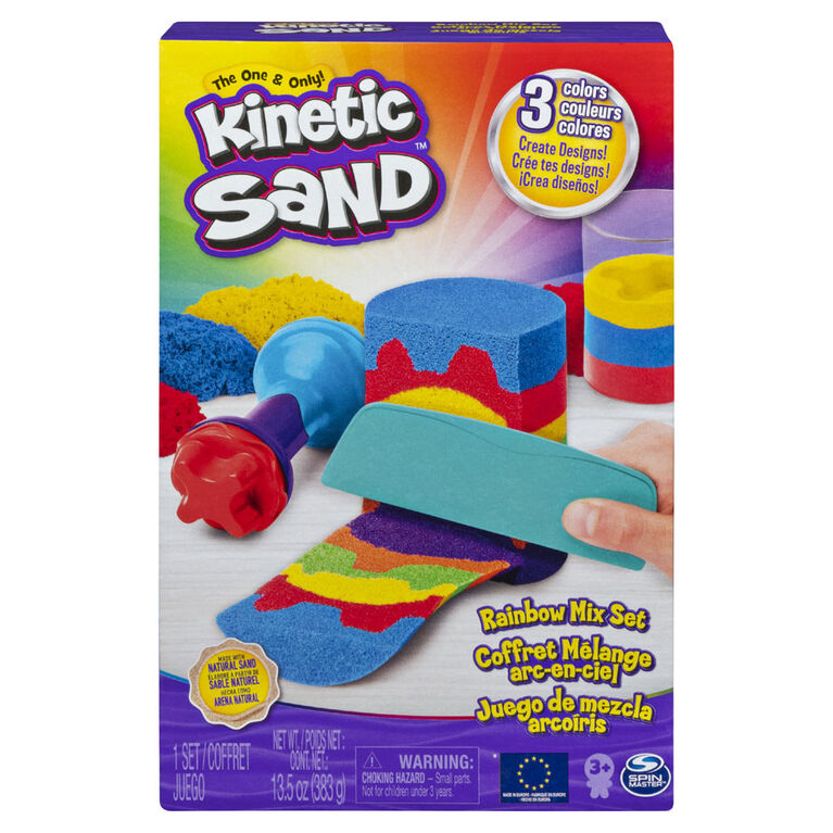 Kinetic Sand, Coffret Mélange arc-en-ciel avec 3 couleurs de sable Kinetic Sand (382 g) et 6 outils