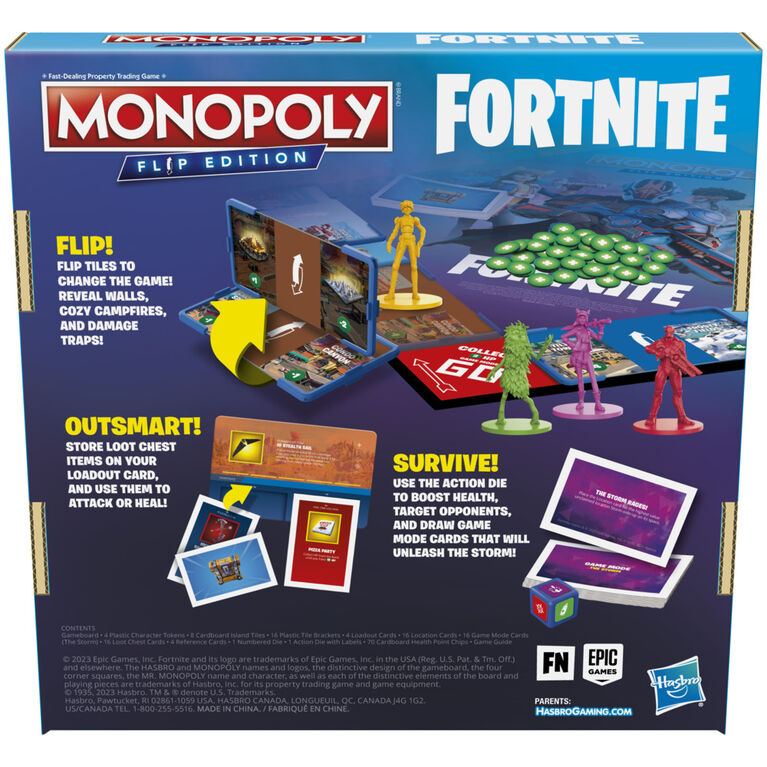 Monopoly Flip édition : Fortnite, jeu de plateau Monopoly inspiré du jeu vidéo Fortnite