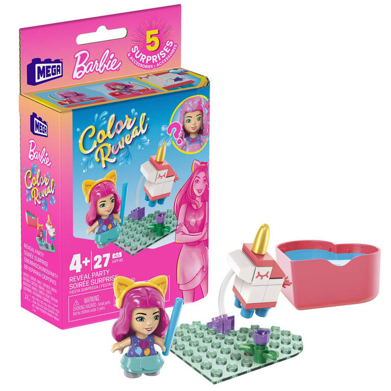 Mega Barbie Color Reveal Reveal Party Building Set with Micro-Doll and Accessories (27 pcs)