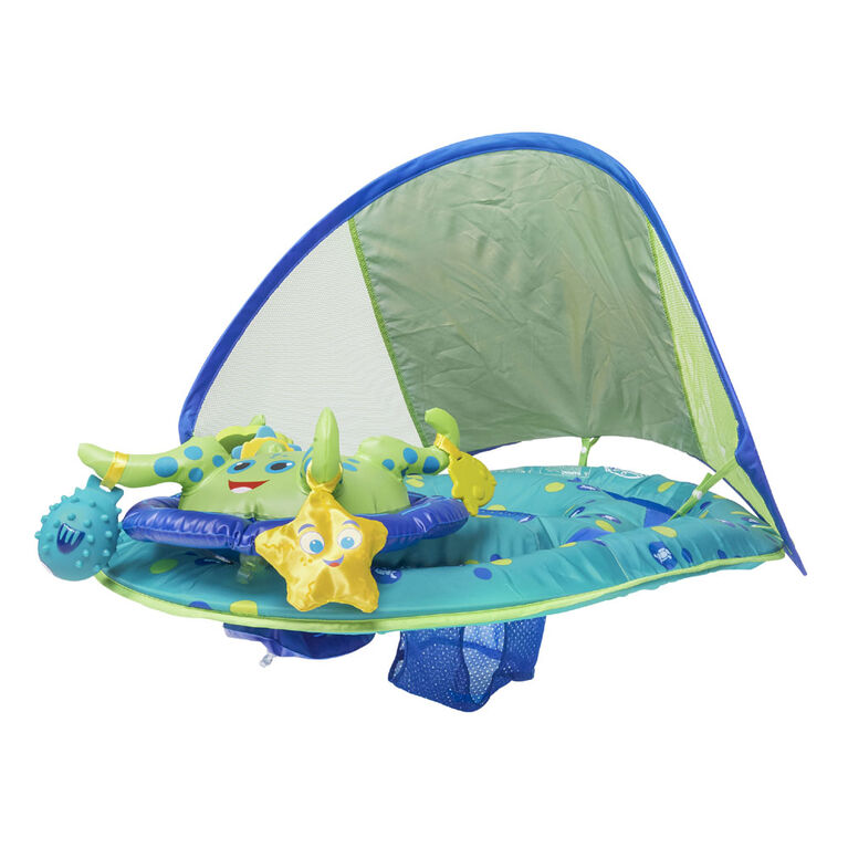 SwimWays Baby Spring Float Activity Center with Canopy - Inflatable Float for Children with Interactive Toys and UPF Sun Protection - Blue/Green Octopus