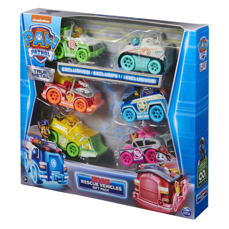 PAW Patrol, True Metal Neon Rescue Vehicle Gift Pack, Coffret cadeau de 6 véhicules en métal moulé à collectionner, échelle 1:55