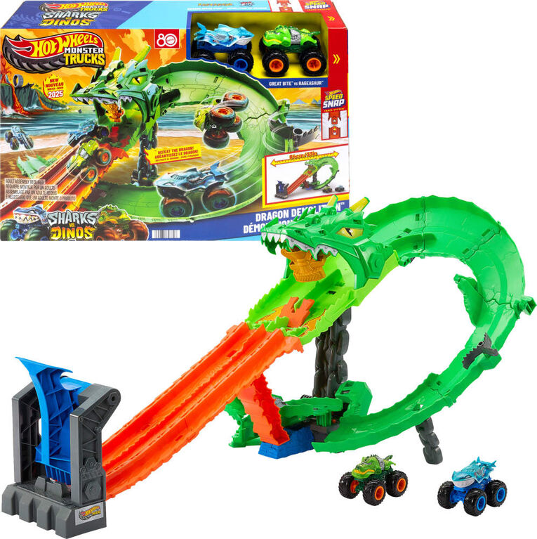 Hot Wheels Monster Trucks-Coffret Piste Dragon Sharks vs. Dinos
