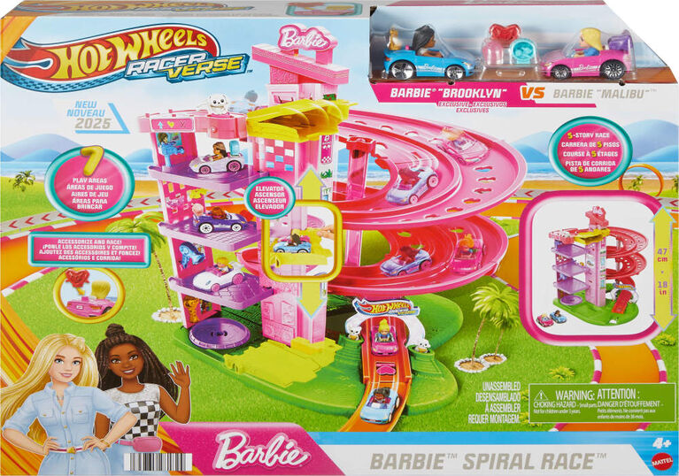 Hot Wheels RacerVerse Barbie Spiral Race Track Set with Barbie "Malibu" & Barbie "Brooklyn" Toy Cars