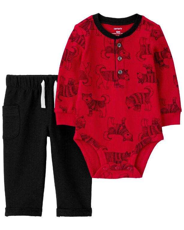 Carter's Two Piece Dog Thermal Bodysuit Pant Set Red  24M