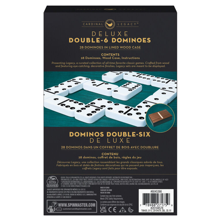 Legacy Deluxe Double-6 Dominoes, Classic Original Board Game Set of 28 Dominoes in Luxury Lined Wood Case