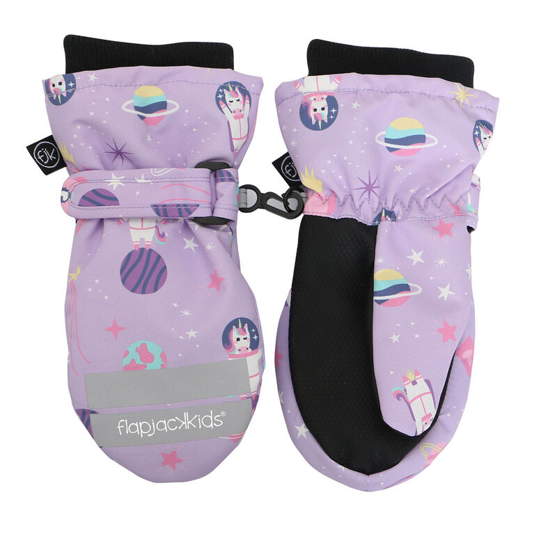 FlapJackKids - Toddler, Kids, Girls Water Repellent Ski Mittens - Ribbed Cuffs - Unicorn/Lilac - Medium 2-4 years