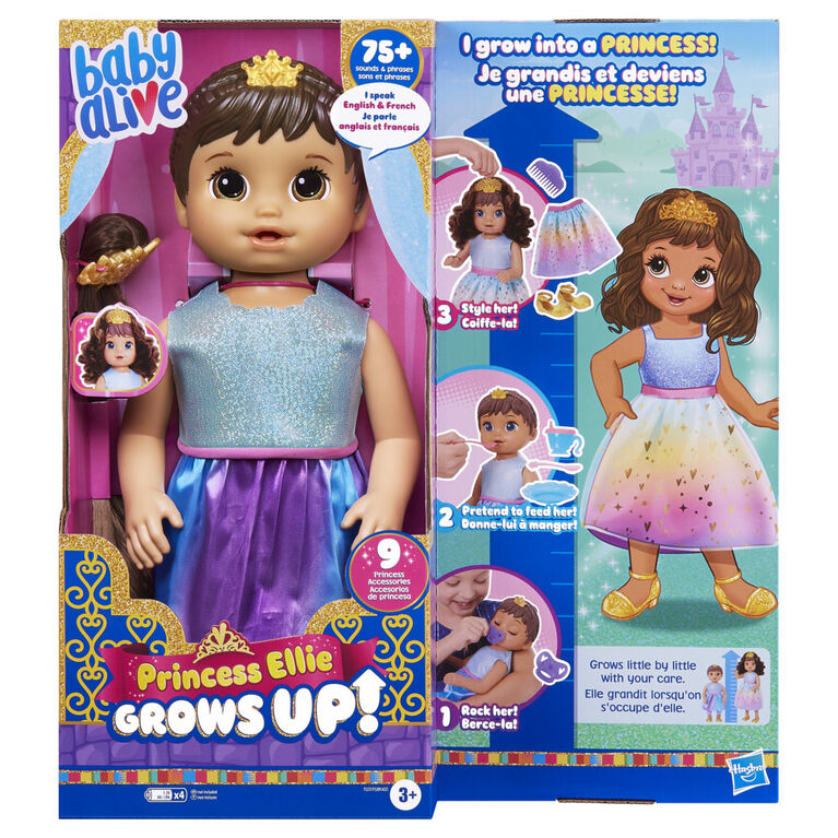 Baby Alive Poupée Princesse Ellie grandit !, poupée de 45 cm qui parle et grandit, 9 accessoires