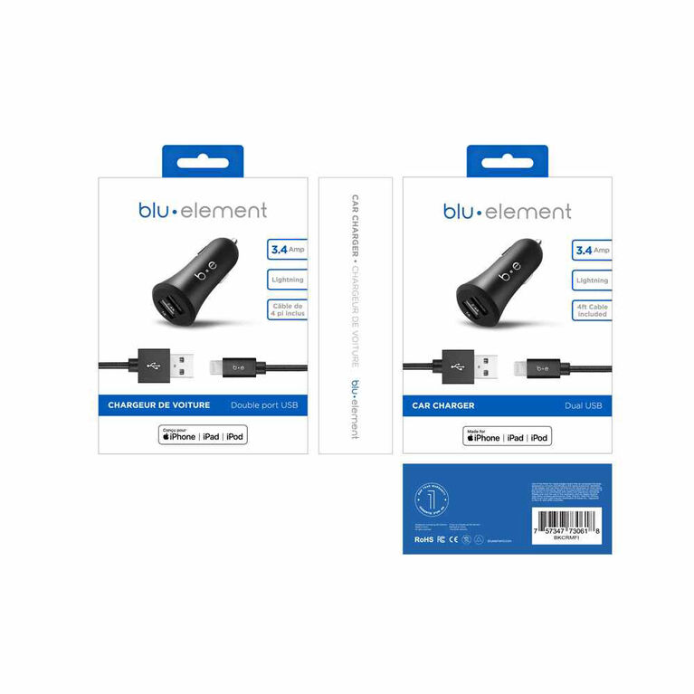 Blu Element Car Charger Dual USB 3.4A w/Lightning Cable Black
