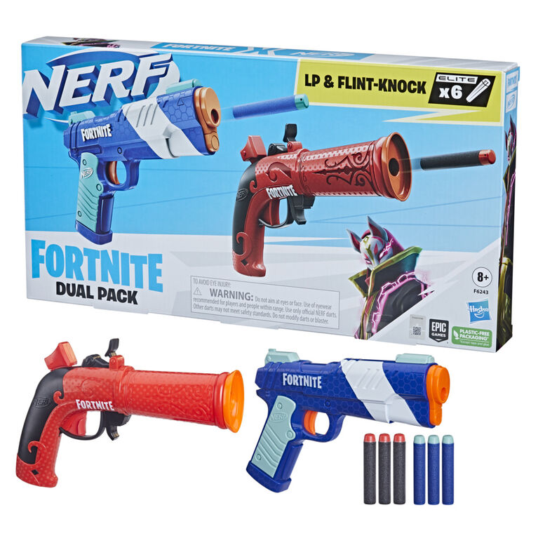 Nerf Fortnite Dual Pack, inclut 2 blasters Nerf, blaster à fléchettes Flint-Knock, blaster à fléchettes LP, 6 fléchettes en mousse Nerf Elite