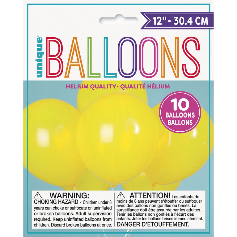12" Latex Balloons, 10 pieces - Yellow