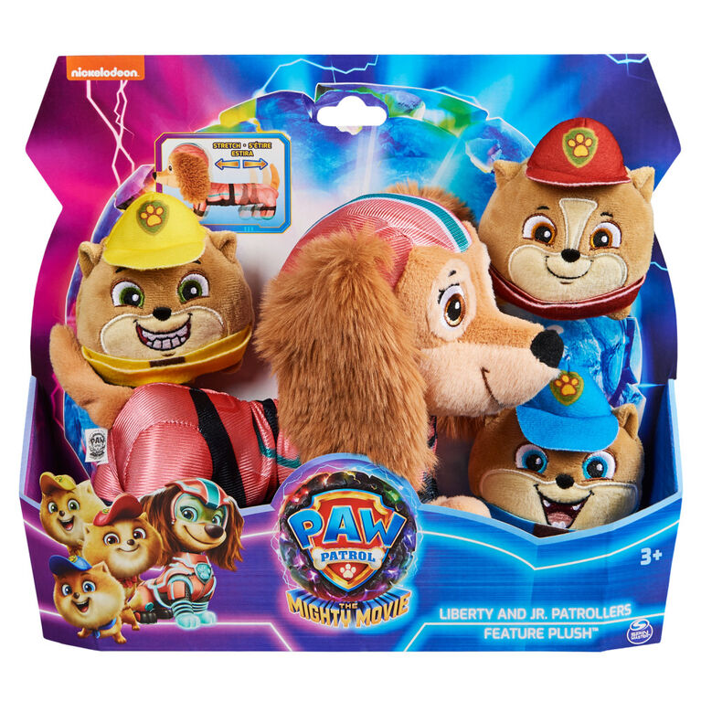 PAW Patrol : La Super Patrouille le film, Peluche Liberty Super Patrouille  avec trois animaux en peluche miniatures jeunes patrouilleurs