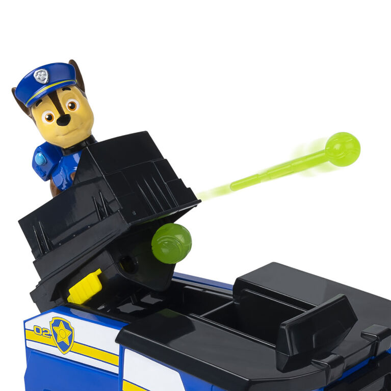 PAW Patrol, Voiture de police 2-en-1 de Chase transformable Split-Second avec 2 figurines à collectionner