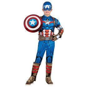 Marvel's Captain America Deluxe Youth Costume Size Small - Muscle Jumpsuit With Printed Design And Polyfill Stuffing Plus 3D Headpiece, Gloves, And Shield