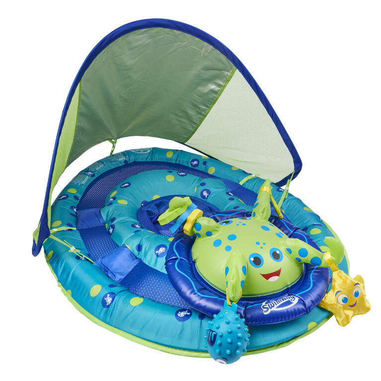 SwimWays Baby Spring Float Activity Center with Canopy - Inflatable Float for Children with Interactive Toys and UPF Sun Protection - Blue/Green Octopus