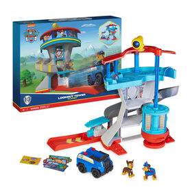 PAW Patrol, Lookout Tower Playset avec lance-véhicule, 2 figurines articulées Chase, voiture de police et accessoires