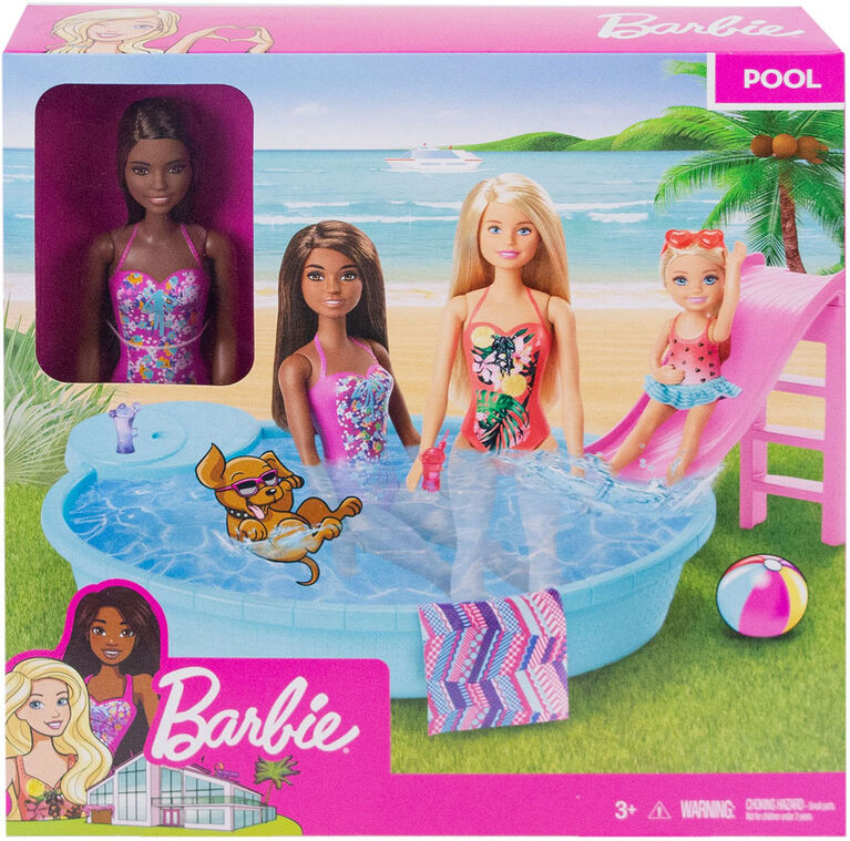 Poupée Barbie, brunette de 29,2 cm (11,5 po), et coffret de jeu Piscine avec glissade et accessoires