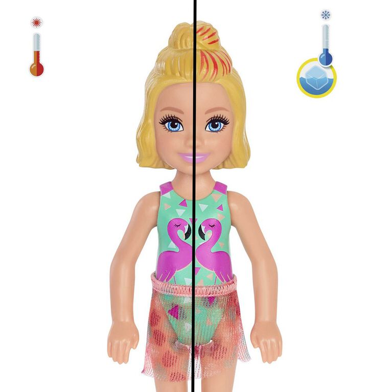 Barbie Chelsea Color Reveal Doll with 6 Surprises, Sand and Sun Series, Marble Blue Color